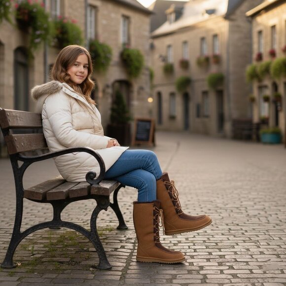 UGG Australia 5278 Girls Youth Tall Sheepskin Brown Leather Suede Lace Up Boots - Picture 3 of 13